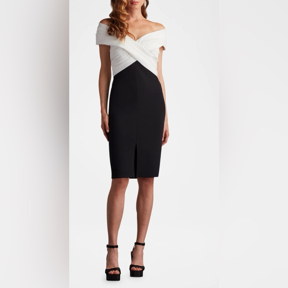 Tadashi Shoji Pleated Two-Tone Crepe & Taffeta Dress BOS24445M Ivory/Black- NWT